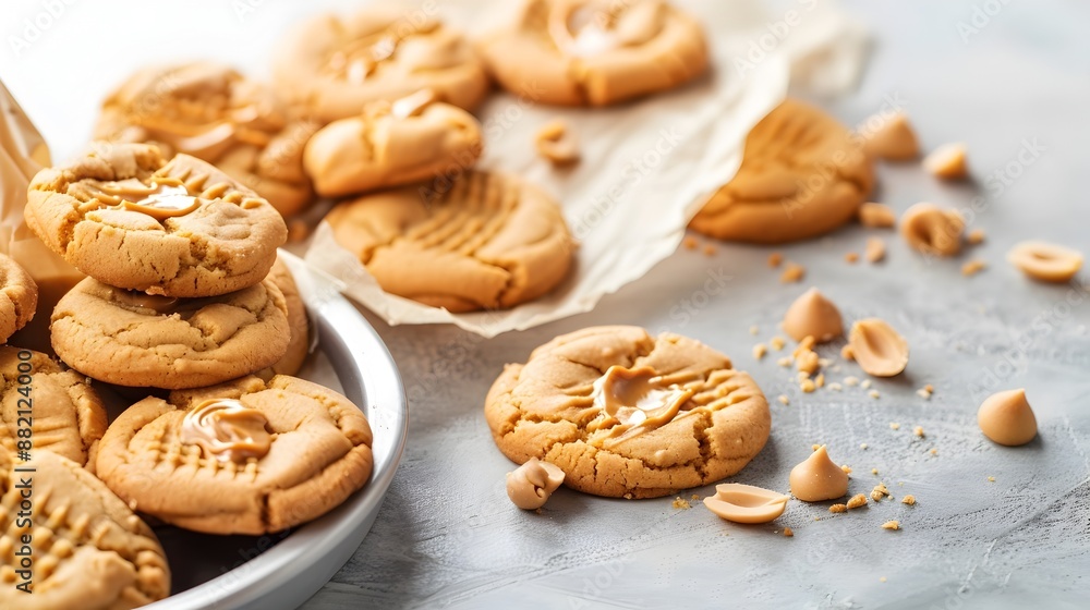 Piping Bag of Creamy Peanut Butter Beside a Tray of Homemade Cookies Piping Bag of Creamy Peanut Butter Beside a Tray of Homemade Cookies