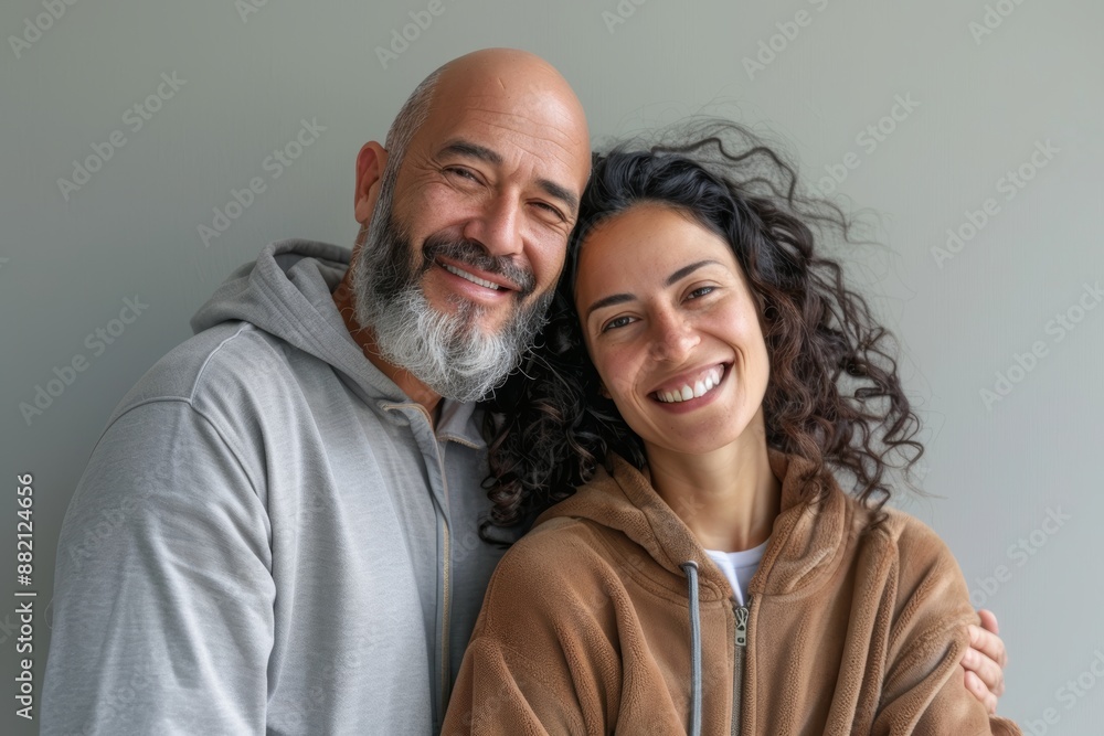 Portrait of a glad mixed race couple in their 40s wearing a zip-up fleece hoodie isolated in pastel gray background Portrait of a glad mixed race couple in their 40s wearing a zip-up fleece hoodie isolated in pastel gray background