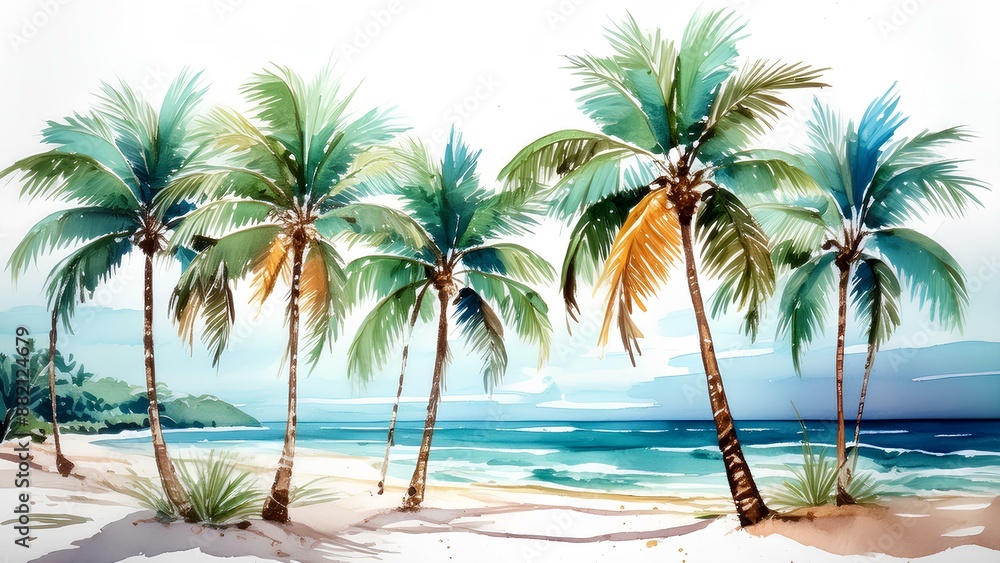 Obraz premium Watercolor painting of palm trees under the summer sun. Illustration of palm trees on the beach with ocean sea. Background for prints and banners on the theme of Summer travel.