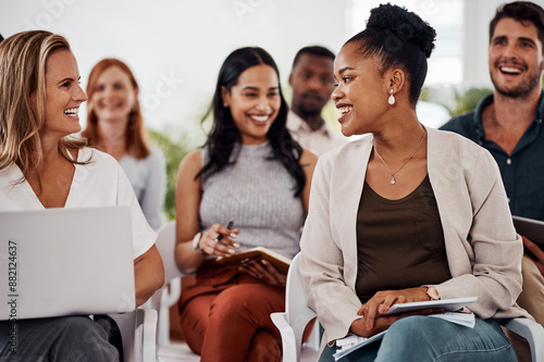 Notes, diversity and group with smile, talking and creative for agency, business and audience. Happy, men and women in office, collaboration and goal for journalist, newsroom and laughing with laptop