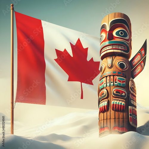 Photo Realistic Image of Canadian Flag and Totem Pole, Symbolizing Indigenous Culture and History in Canada. Perfect for Photo Stock Concept with Ample Text Space. photo