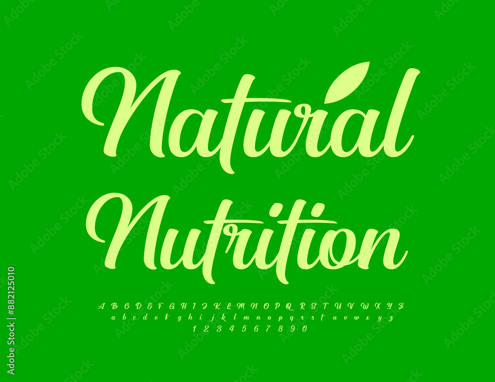Vector ecologic logo Natural Nutrition. Stylish Cursive Font. Modern Alphabet Letters and Numbers set. Vector ecologic logo Natural Nutrition. Stylish Cursive Font. Modern Alphabet Letters and Numbers set.