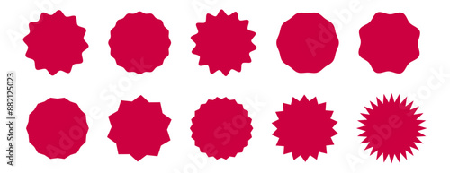 Set of circle red sticker. Wavy edge promo round badges. Star burst shape tags for prices. Blank sale stickers. Simple silhouette icon. Flat graphic vintage labels isolated on a white background .