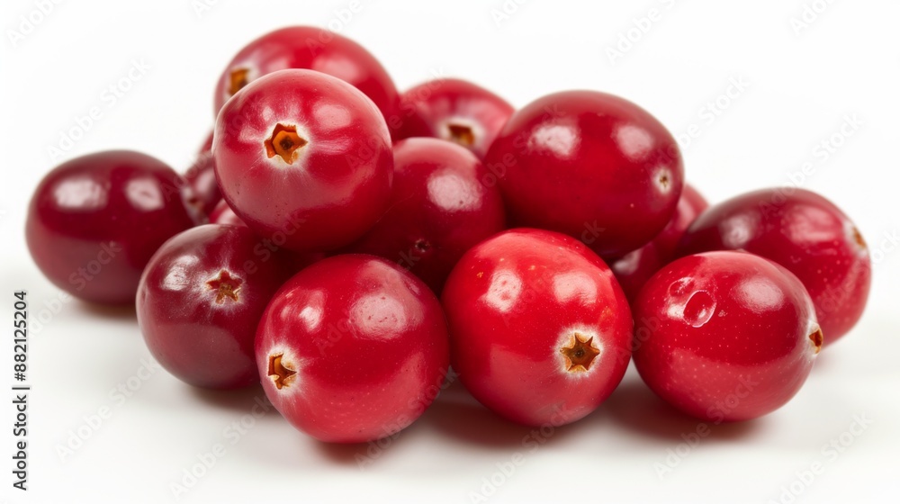 Cluster of fresh, glossy cranberries, showcasing their rich red color and smooth, shiny texture, isolated on a white background Cluster of fresh, glossy cranberries, showcasing their rich red color and smooth, shiny texture, isolated on a white background