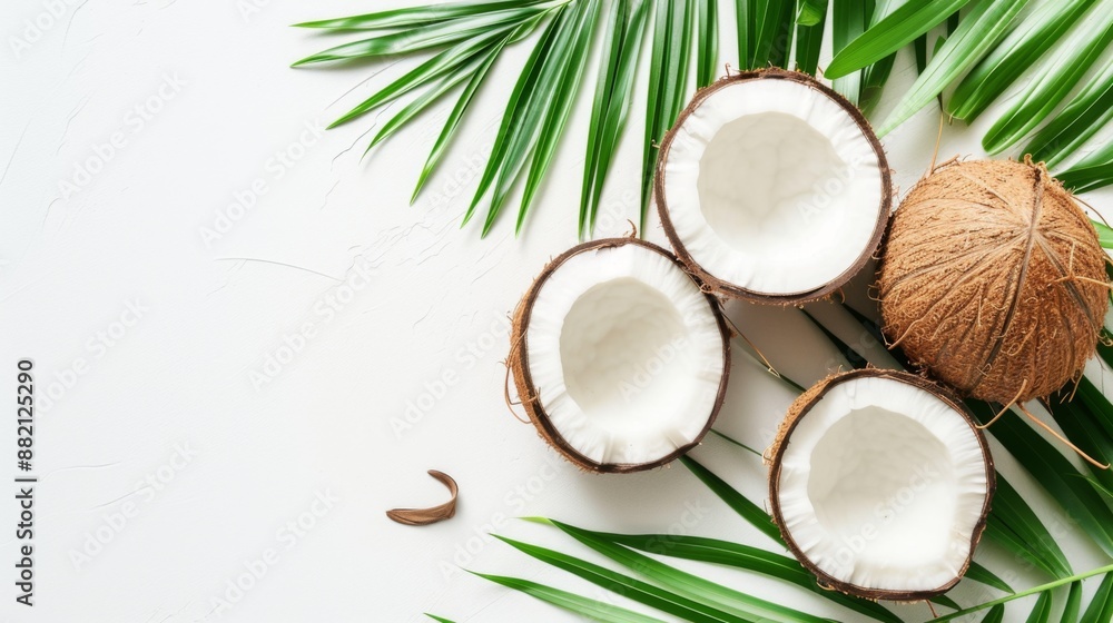 Half of coconut with rough fibrous shell on white background Half of coconut with rough fibrous shell on white background