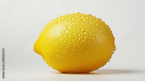 One ripe lemon with water drops on a clean white background photo