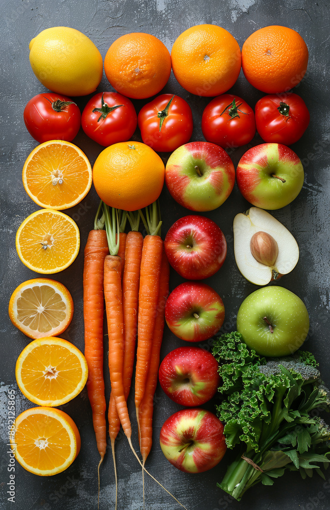 Colorful Fruit and Vegetable Arrangement A variety of fruits and vegetables are arranged in rows on a gray surface, including oranges Colorful Fruit and Vegetable Arrangement A variety of fruits and vegetables are arranged in rows on a gray surface, including oranges