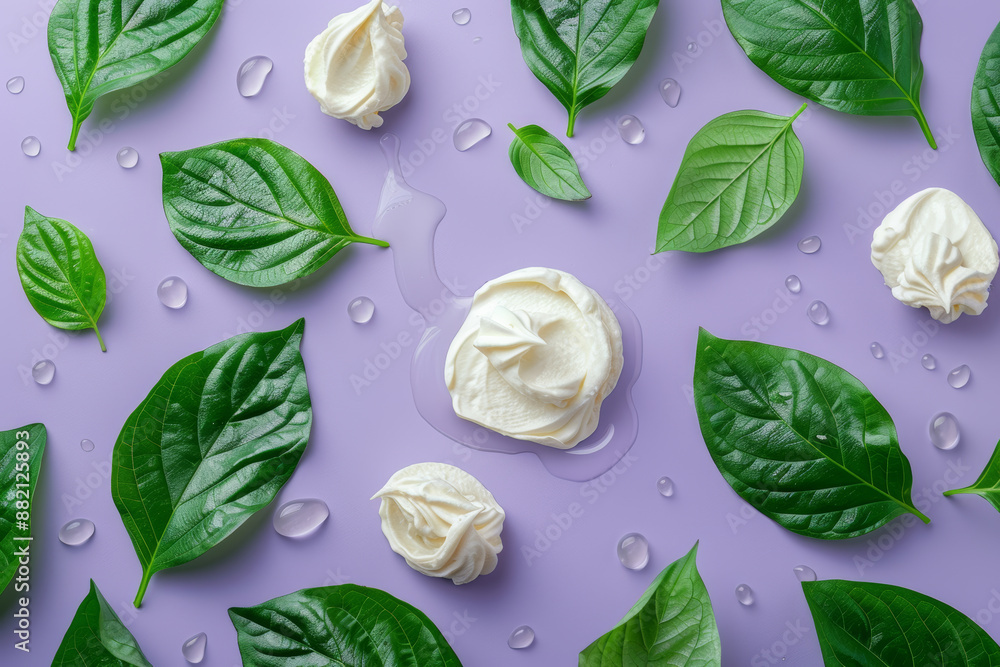 Fresh Green Leaves and Whipped Cream on Purple Background with Water Droplets Fresh Green Leaves and Whipped Cream on Purple Background with Water Droplets