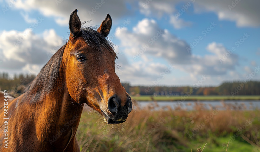Brown Horse in Field A brown horse stands in a field, looking toward the viewer with a calm expression. Brown Horse in Field A brown horse stands in a field, looking toward the viewer with a calm expression.