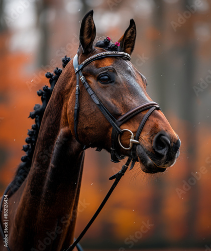 Brown Horse Portrait in Autumn A brown horse with a braided mane and bridle stands in a field, with autumn leaves in the background.