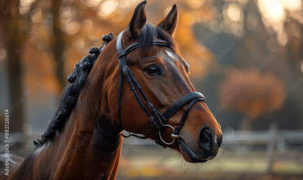 Brown Horse Portrait in Autumn A close-up of a brown horse wearing a black bridle, looking to the right. Brown Horse Portrait in Autumn A close-up of a brown horse wearing a black bridle, looking to the right.
