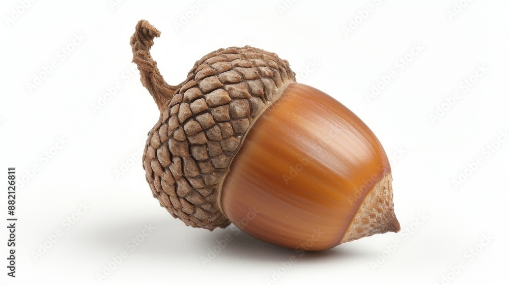 Single acorn, showcasing its smooth, shiny nut and textured cap, isolated on a white background Single acorn, showcasing its smooth, shiny nut and textured cap, isolated on a white background