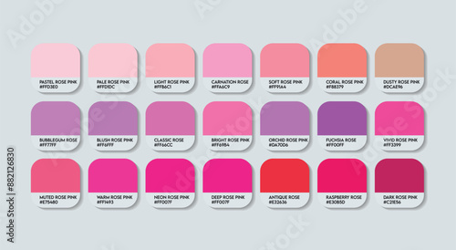 Rose pink Color Palette, Rose pink Color Guide Palette with Color Names. Catalog Samples of Pink with RGB HEX codes and Names. Rose Colors Palette Vector, Plastic Paint Rose Color Palette Vector tones
