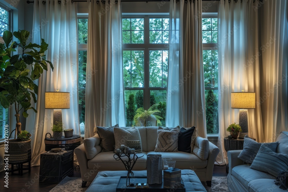 Relaxing Living Space with Flowing Drapes and Cozy Seating Relaxing Living Space with Flowing Drapes and Cozy Seating