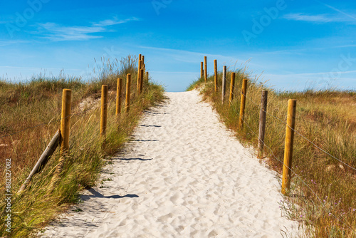 Photography Fenced path on a fine sand dune that leads to Samil beach in Navia, Vigo, Galicia