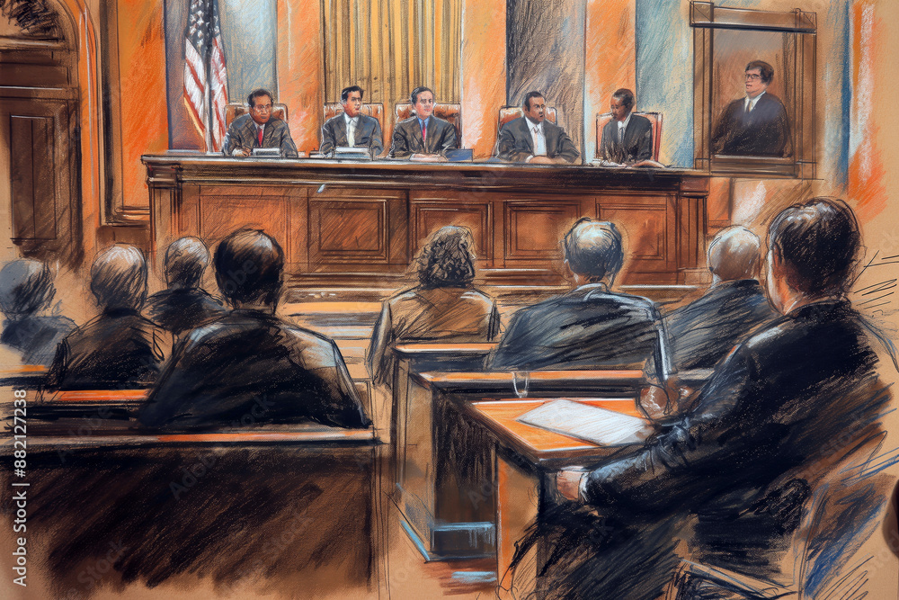 A sketch of courtroom artist with a trial in progress, with the judge, lawyers, and defendant depicted in the drawing. A sketch of courtroom artist with a trial in progress, with the judge, lawyers, and defendant depicted in the drawing.