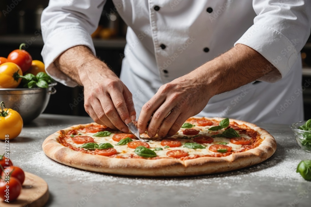 Closeup hand of chef baker in white uniform making pizza at kitchen Closeup hand of chef baker in white uniform making pizza at kitchen
