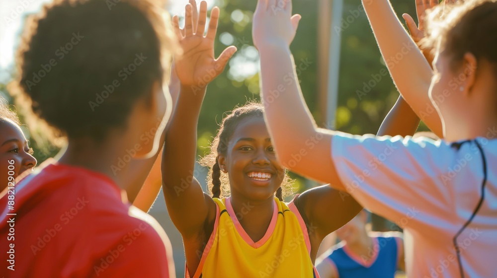 Fototapeta premium A group of multicultural students in sports uniforms, enthusiastically high-fiving each other outdoors, celebrating their teamwork and success, exemplifying joy, unity, and positive energy in sports