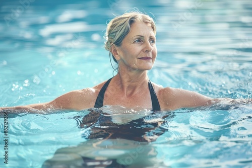 Wallpaper Mural An older woman with a serene expression enjoys swimming in a pool, her arms outstretched in the water, suggesting freedom and vitality Torontodigital.ca