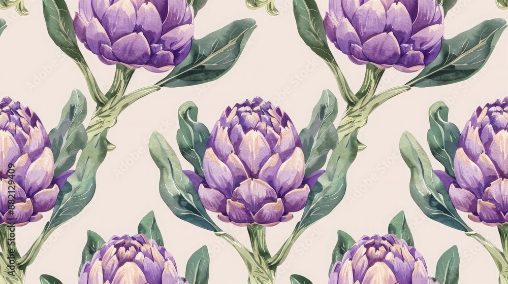 A pattern of purple artichokes and green leaves on a light background. Botanical design and wallpaper A pattern of purple artichokes and green leaves on a light background. Botanical design and wallpaper