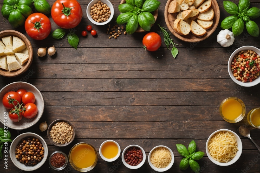 Italian food ingredients on old wooden background, top view. Italian food ingredients on old wooden background, top view.