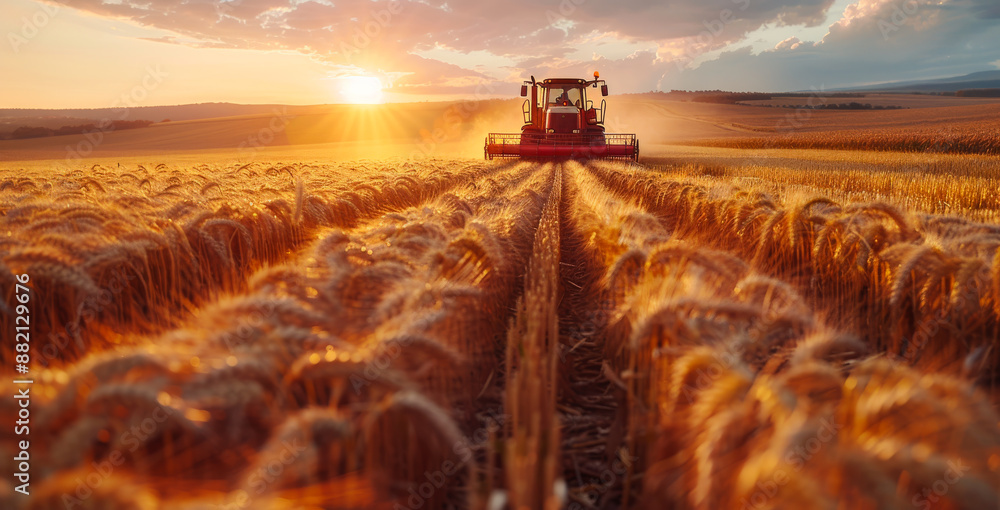 Fototapeta premium Tractor Harvesting Wheat at Sunset A tractor harvests golden wheat at sunset, casting long shadows across the field.
