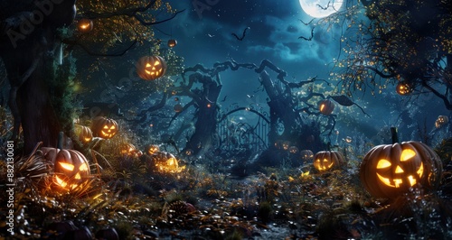Halloween night forest with glowing pumpkins and moonlight. © K'kriang Krai