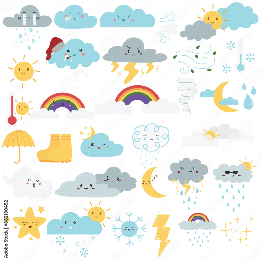 Cute weather set. Emotional weather forecast. Cute sun and happy clouds. Simple cute cartoon design. Cute weather set. Emotional weather forecast. Cute sun and happy clouds. Simple cute cartoon design.