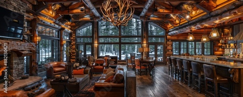 Rustic lodge with antler chandeliers.