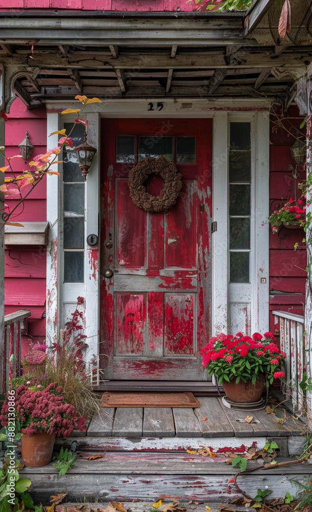 Fototapeta premium Red Door With Wreath on Front Porch A weathered red door with a wreath is seen on the front porch of a house. Red flowers are in pots to the right of the door.