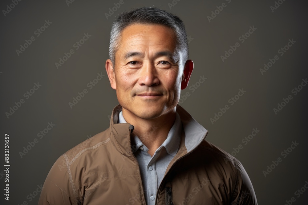 Portrait of a tender asian man in his 50s sporting a technical climbing shirt isolated on light wood minimalistic setup Portrait of a tender asian man in his 50s sporting a technical climbing shirt isolated on light wood minimalistic setup