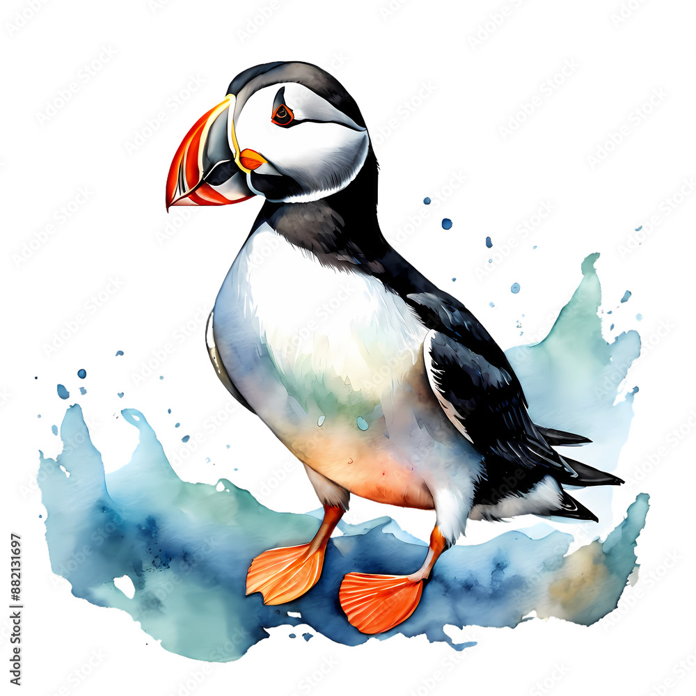 Naklejka premium Colorful watercolor illustration of an Atlantic puffin with vibrant and artistic details, perfect for nature and wildlife themes. Isolated on PNGs transparent background.
