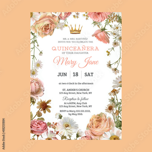 Blossom Rose Quinceaera Birthday Invitation