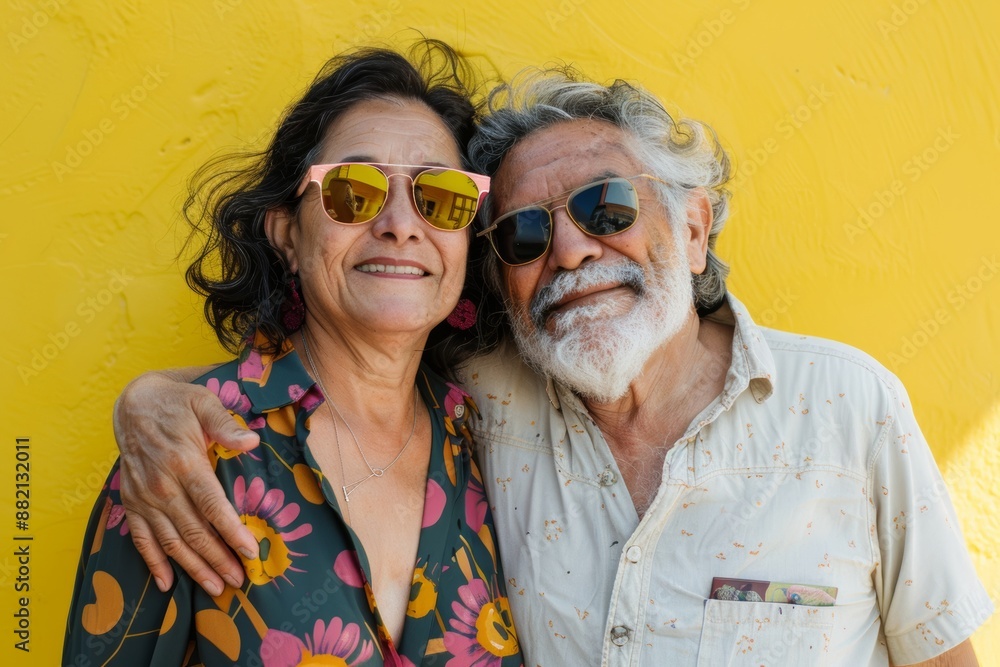 Portrait of a glad latino couple in their 70s wearing a trendy sunglasses over soft yellow background Portrait of a glad latino couple in their 70s wearing a trendy sunglasses over soft yellow background