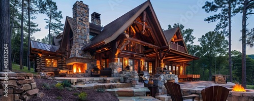 Rustic log cabin with a stone fireplace and timber frame construction.