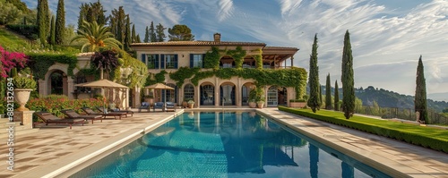Mediterranean mansion with a terraced garden and infinity pool.
