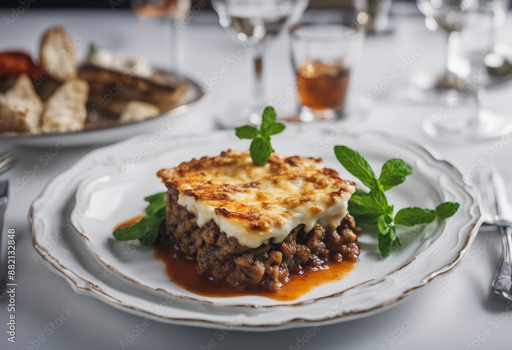 Lamb moussaka with béchamel and mint yogurt on a white porcelain plate with a glass of ouzo in a high-class Greek taverna
Lamb moussaka with béchamel and mint yogurt on a white porcelain plate with a glass of ouzo in a high-class Greek taverna