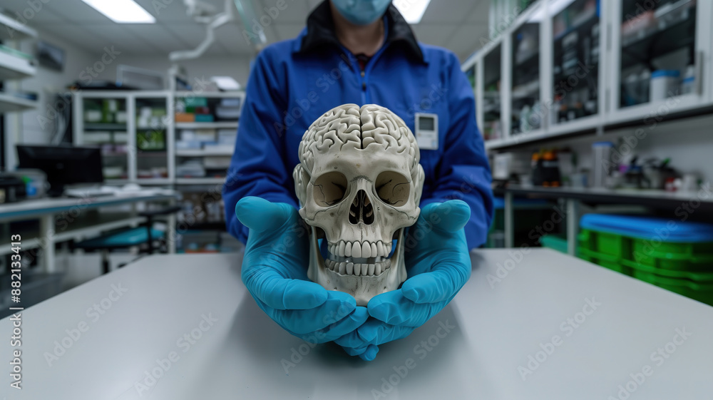 Scientist Holding a Human Skull Model with Brain in a Modern Laboratory Setting Scientist Holding a Human Skull Model with Brain in a Modern Laboratory Setting