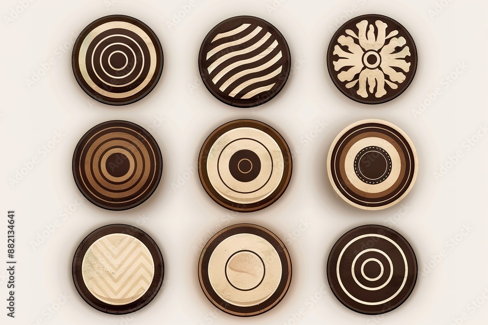Set of decorative plates with a circular brown pattern, top view. White background Set of decorative plates with a circular brown pattern, top view. White background