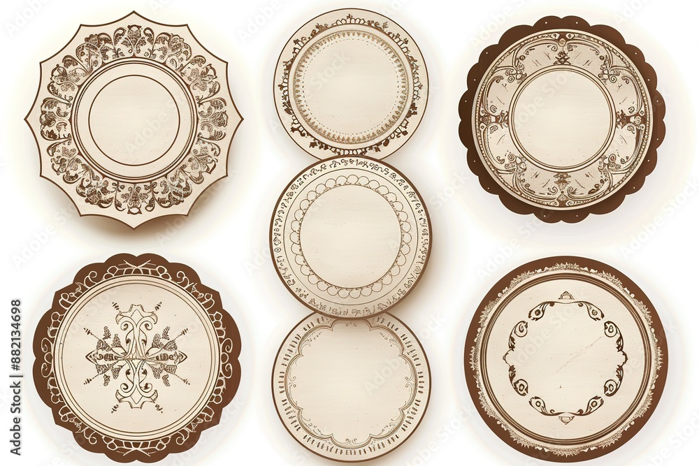 Set of decorative plates with a circular brown pattern, top view. White background Set of decorative plates with a circular brown pattern, top view. White background