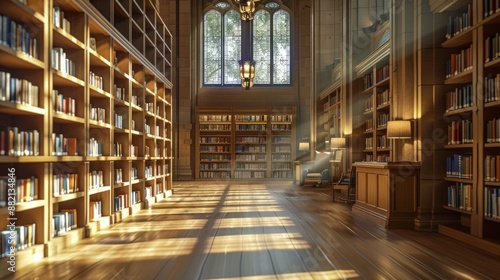 Sunlit Library with Tall Bookshelves and Arched Windows photo