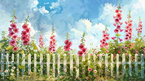 Vibrant Summer Garden with Hollyhocks and Picket Fence Under Bright Blue Sky