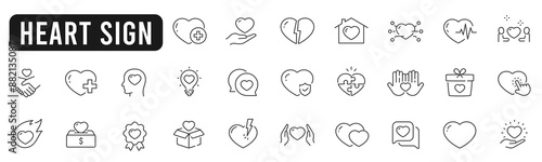 Set of heart symbol related line icons. Aid, care, hand, romance, couple etc. Editable stroke