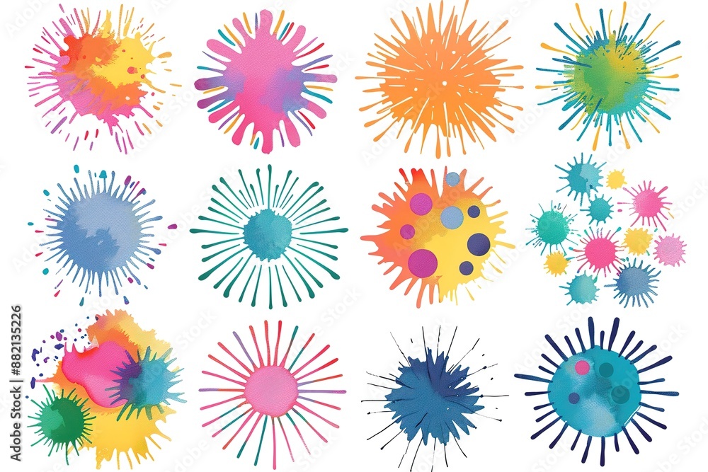 Vibrant Burst: Sets of Multicolor Powder Explosion on White Background Vibrant Burst: Sets of Multicolor Powder Explosion on White Background