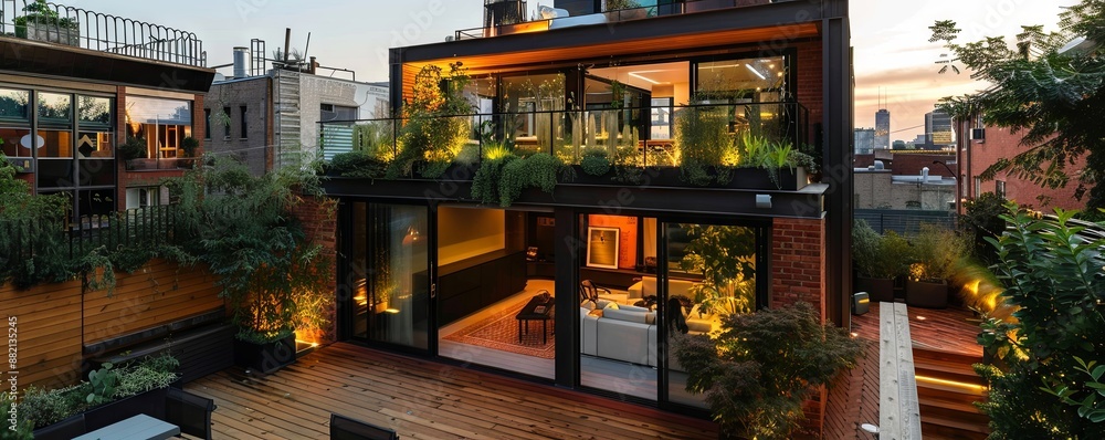 Urban townhouse with a rooftop garden and skyline views. Urban townhouse with a rooftop garden and skyline views.