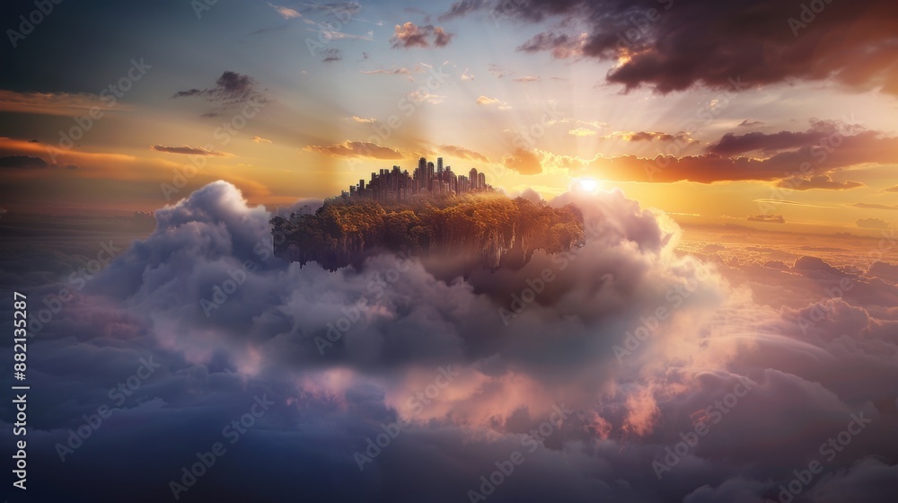 Fantasy city floating on a cloud illuminated by a stunning sunset, portraying a magical and otherworldly realm high above the sky. Fantasy city floating on a cloud illuminated by a stunning sunset, portraying a magical and otherworldly realm high above the sky.