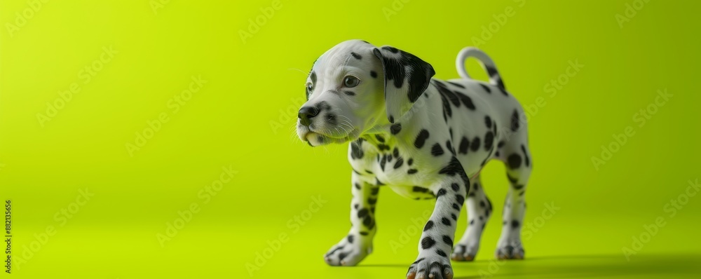 Adorable Dalmatian puppy with black spots standing against a vibrant green background, exploring and curious. Adorable Dalmatian puppy with black spots standing against a vibrant green background, exploring and curious.