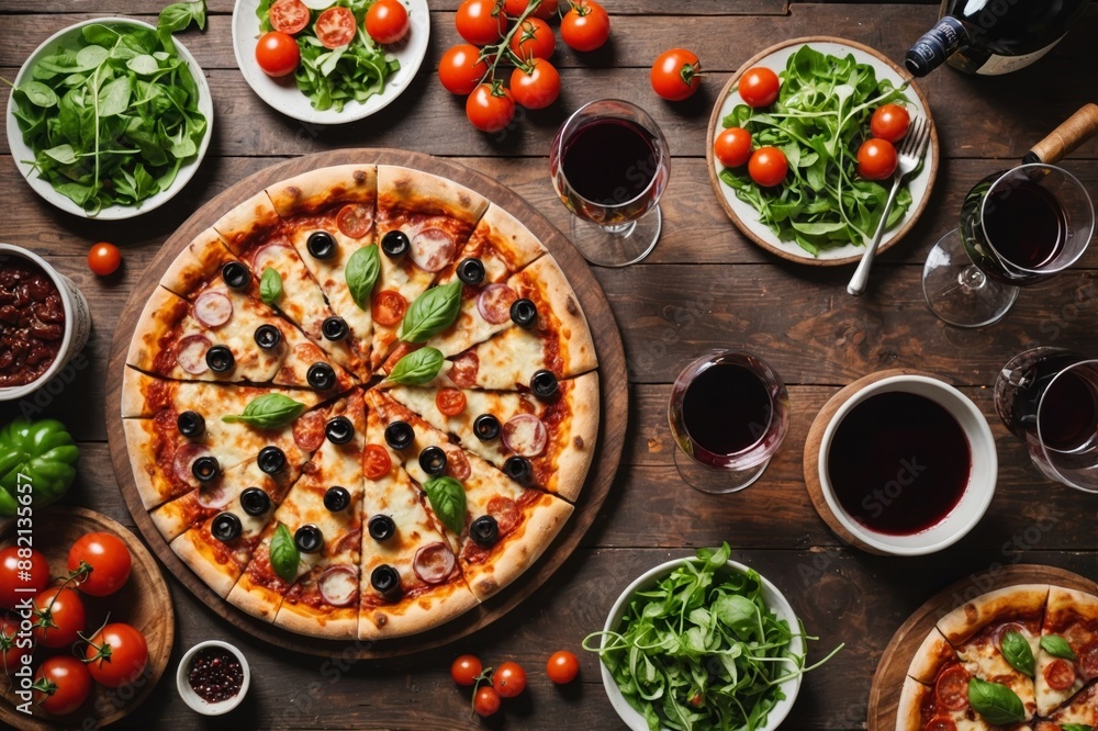 Pizza party dinner. Flat-lay of various kinds of Italian pizza, salad and red wine in glasses over rustic wooden table, top view, wide composition. Fast food lunch, celebration, gathering concept Pizza party dinner. Flat-lay of various kinds of Italian pizza, salad and red wine in glasses over rustic wooden table, top view, wide composition. Fast food lunch, celebration, gathering concept