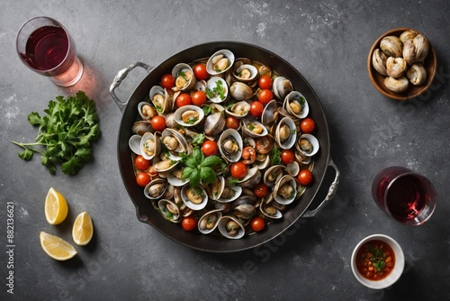 Saute with clams (Venus clams or vongole) and salad with octopus and tomatoes served with rose wine. Summer Mediterranean seafood cuisine on a textured background  tiles, top view. photo