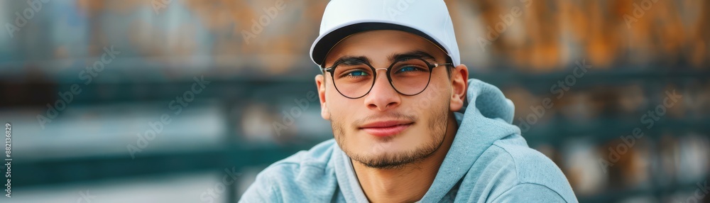Confident Young Man in Glasses and a White Cap Smiling Outdoors Portrait Photography, Energetic Youthful Guy, Charming, Energetic, Guy, Lively Youth Confident Young Man in Glasses and a White Cap Smiling Outdoors Portrait Photography, Energetic Youthful Guy, Charming, Energetic, Guy, Lively Youth